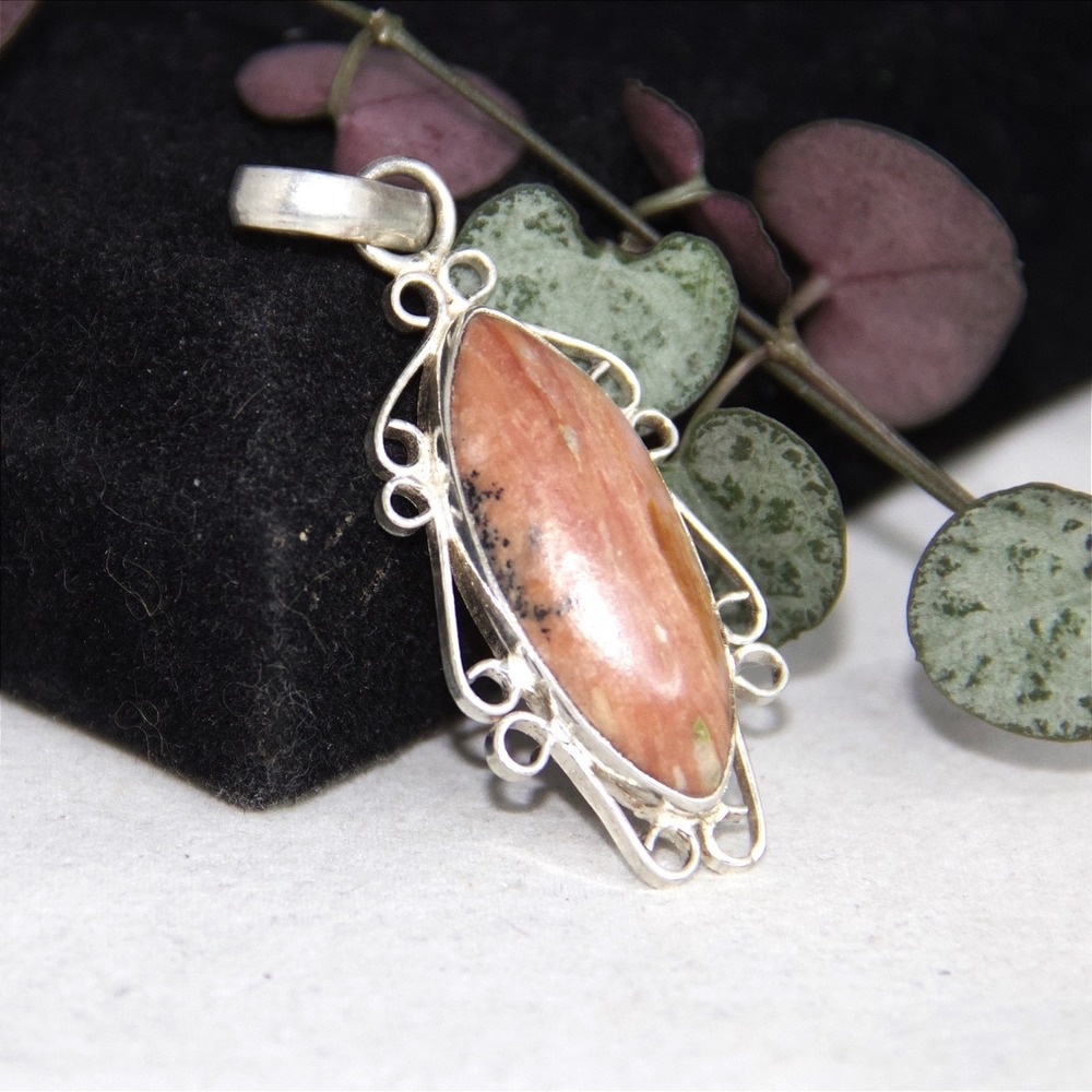 Sterling Silver Rhodochrosite Marquise Pendant 925 Pink Peach Stone Scroll